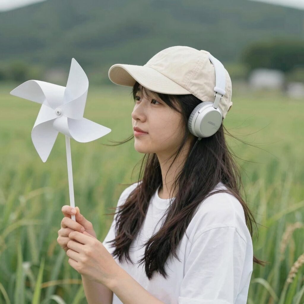 목에 거는 선풍기를 착용한 사람의 모습으로, 두 손이 자유롭고 시원한 바람을 느끼는 여름 외출 장면
