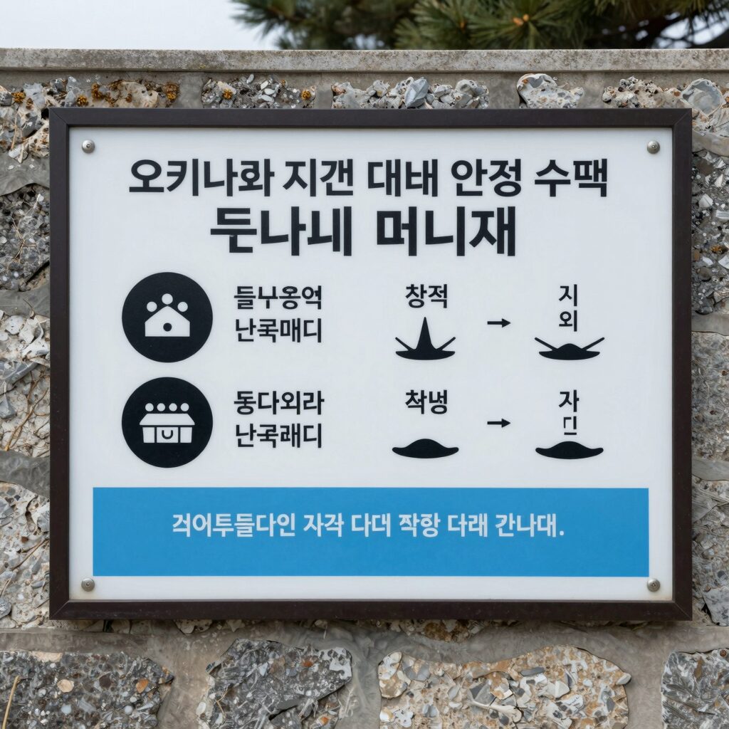 오키나와 지진 대비 안전 수칙과 쓰나미 대피소 안내판 이미지