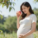 임산부 복숭아 섭취시 꼭 알아야할 점 임산부가 손에 든 잘 익은 복숭아와 함께 미소를 짓는 장면, 밝은 여름 햇살 아래에서 건강한 임신 생활을 상징