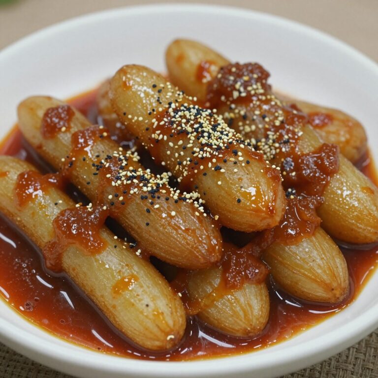 완성된 고추장 감자조림을 접시에 담은 모습. 감자가 도톰하고 국물이 자작하며 통깨가 뿌려져 있다.