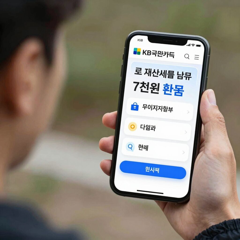 KB국민카드로 재산세를 납부하는 모바일 화면, 7천원 환급과 무이자할부 선택 화면이 함께 표시됨