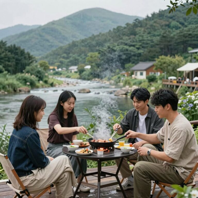 맑은물리조트 데크에서 바베큐를 즐기는 모습, 내린천과 산 풍경이 펼쳐짐