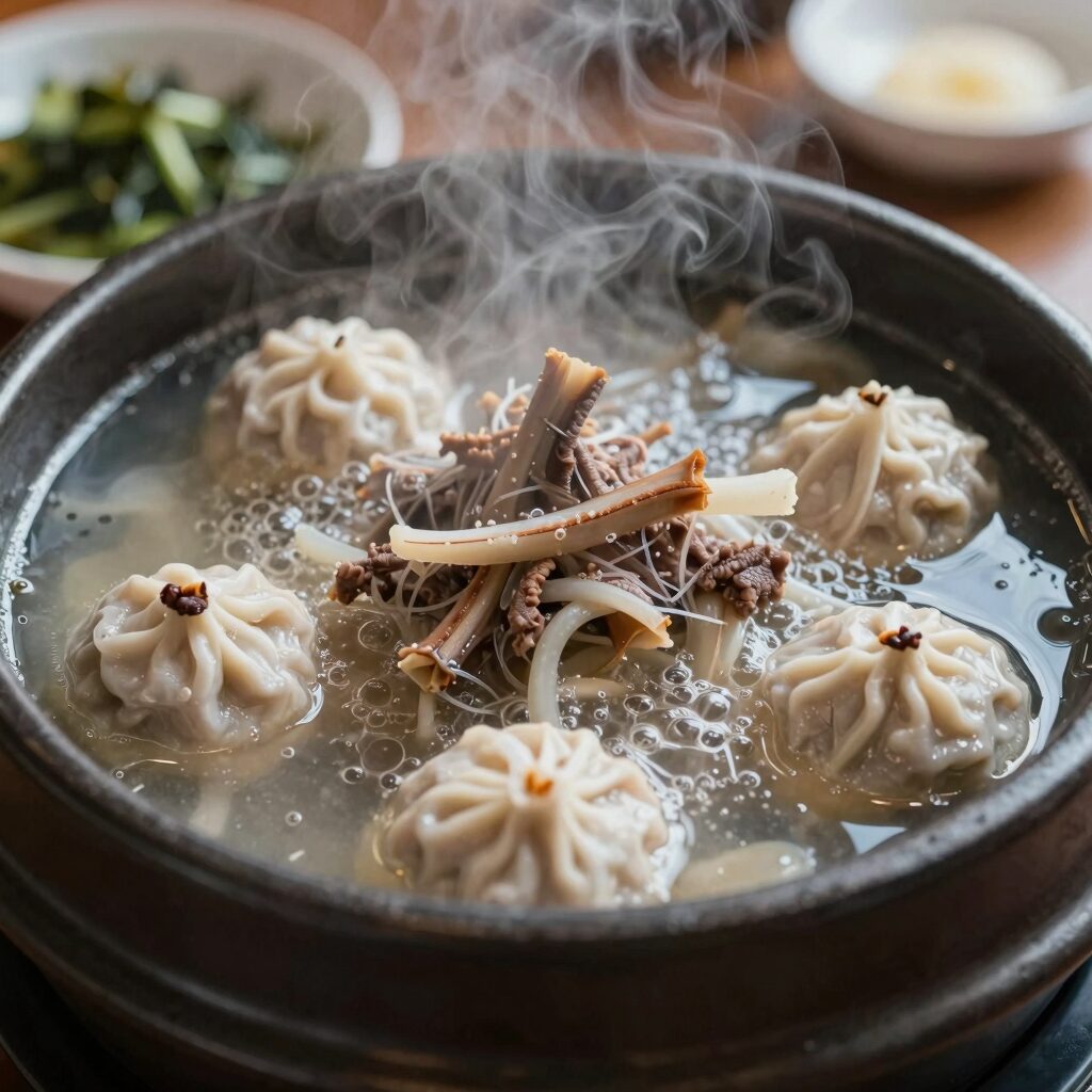 로로삼계탕 평택점의 한방누룽지삼계탕이 뚝배기에 담겨 보글보글 끓는 모습