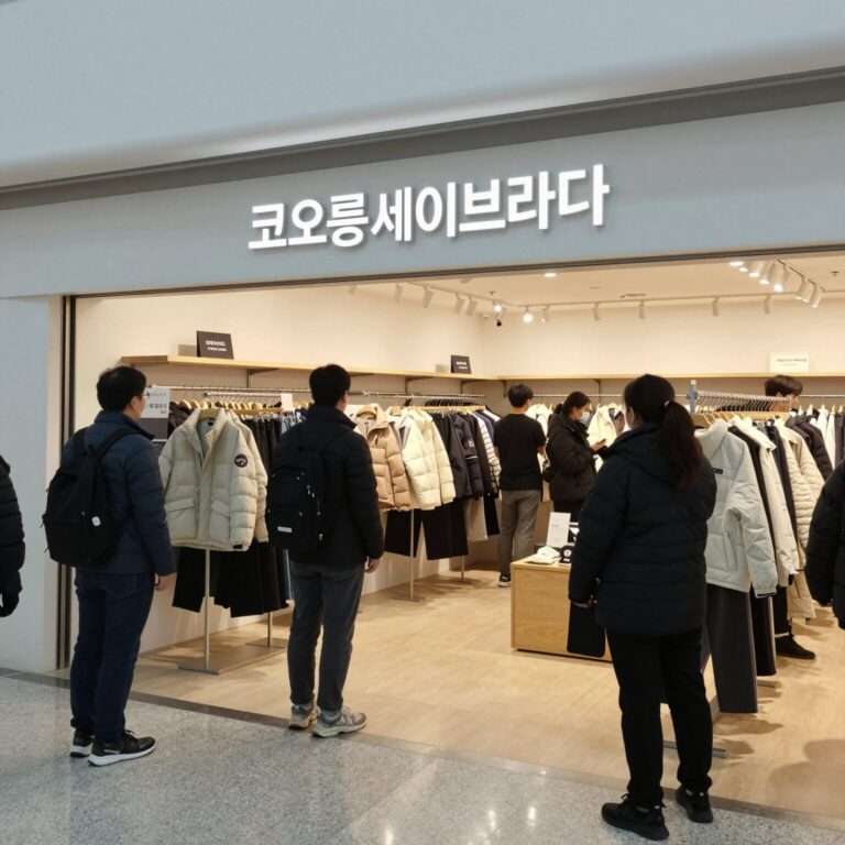 코오롱세이브프라자 안양점에서 진행 중인 역시즌 패딩 할인 행사장 모습