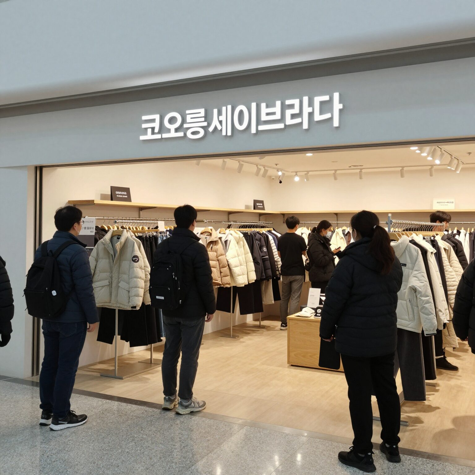 코오롱세이브프라자 안양점에서 진행 중인 역시즌 패딩 할인 행사장 모습