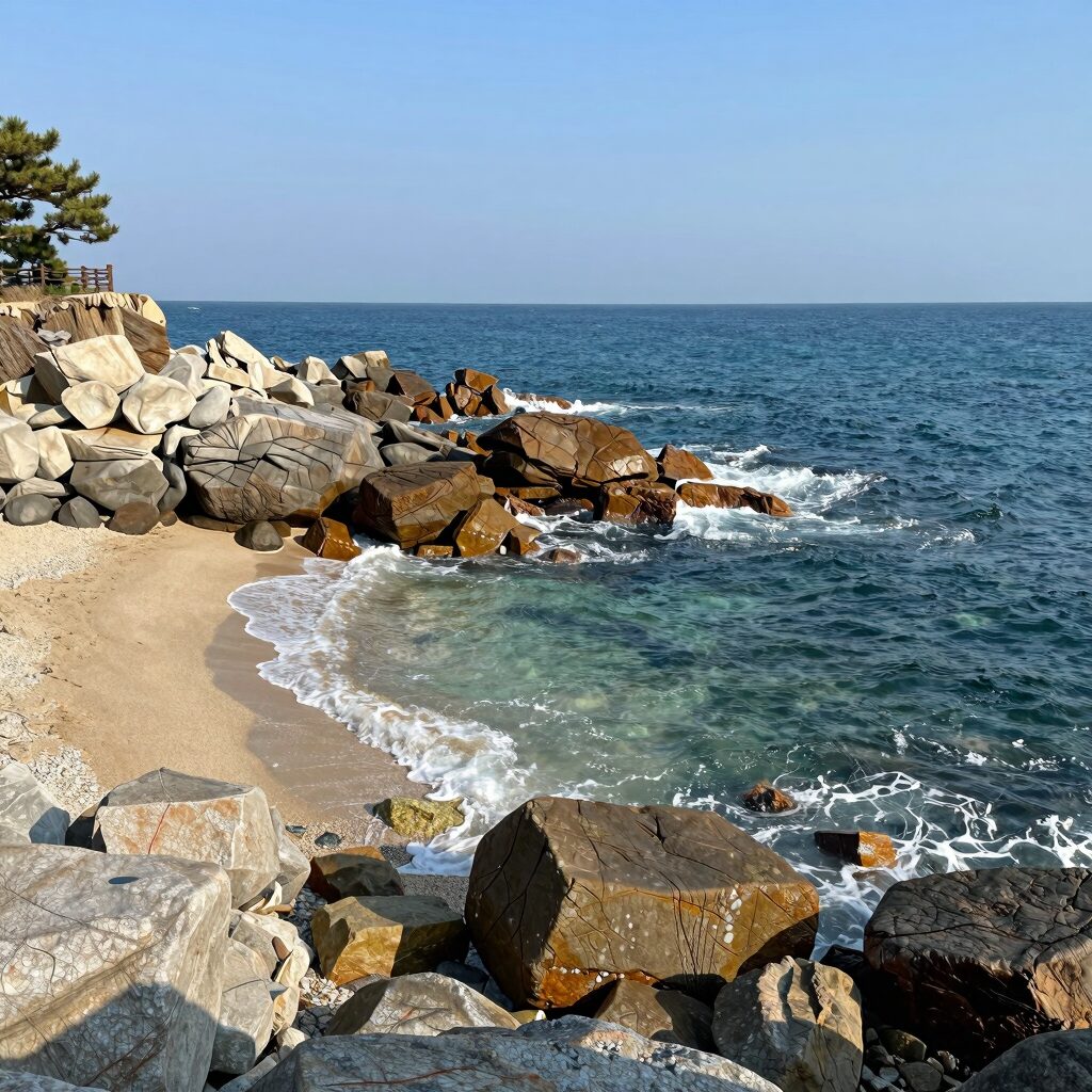 강릉 사근진 해변 무지개 방파제와 청명한 바다 풍경