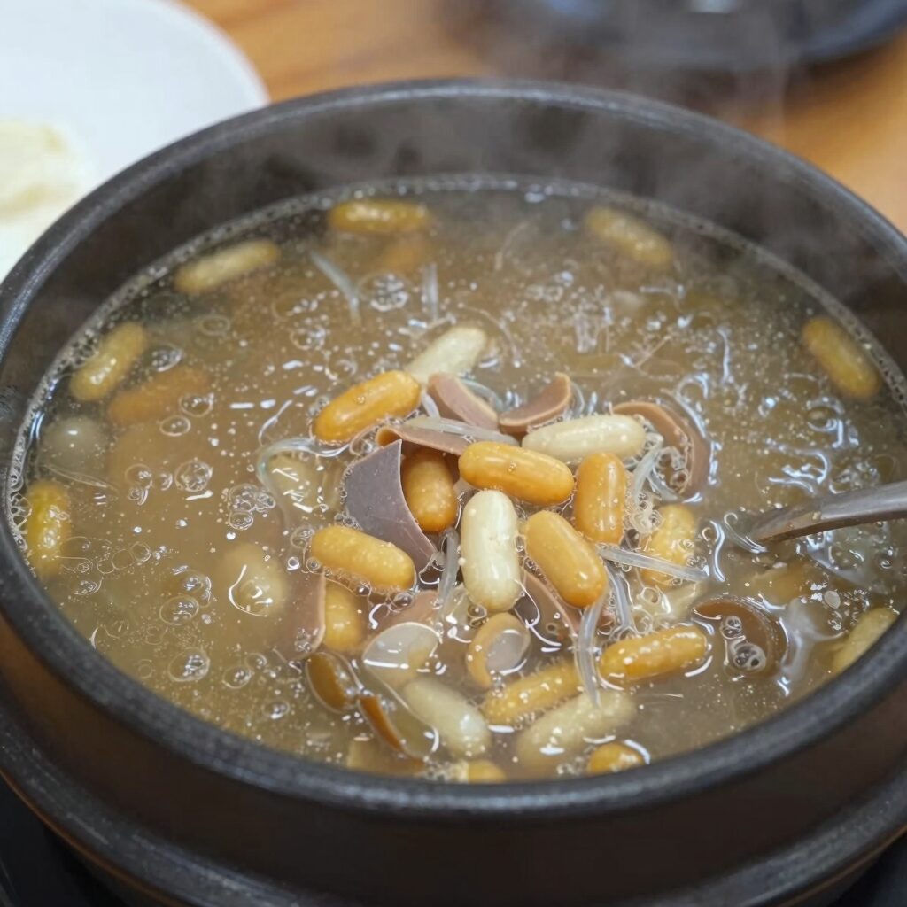 부산 양정 부원삼계탕 뚝배기에 보글보글 끓는 녹두삼계탕 사진