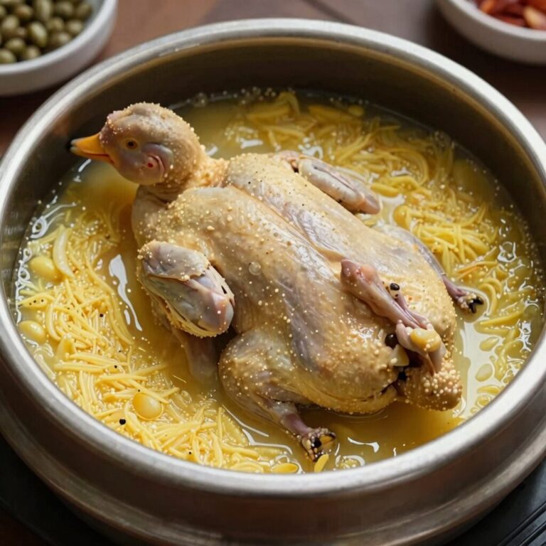 부산시청 금성녹두삼계탕의 녹두삼계탕 뚝배기에 담긴 모습, 닭 한마리와 녹두 찹쌀이 보인다