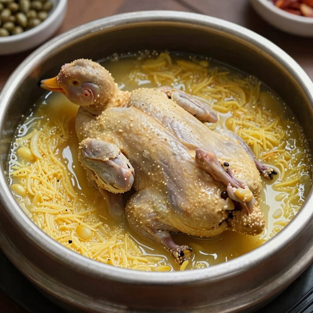 부산시청 금성녹두삼계탕의 녹두삼계탕 뚝배기에 담긴 모습, 닭 한마리와 녹두 찹쌀이 보인다