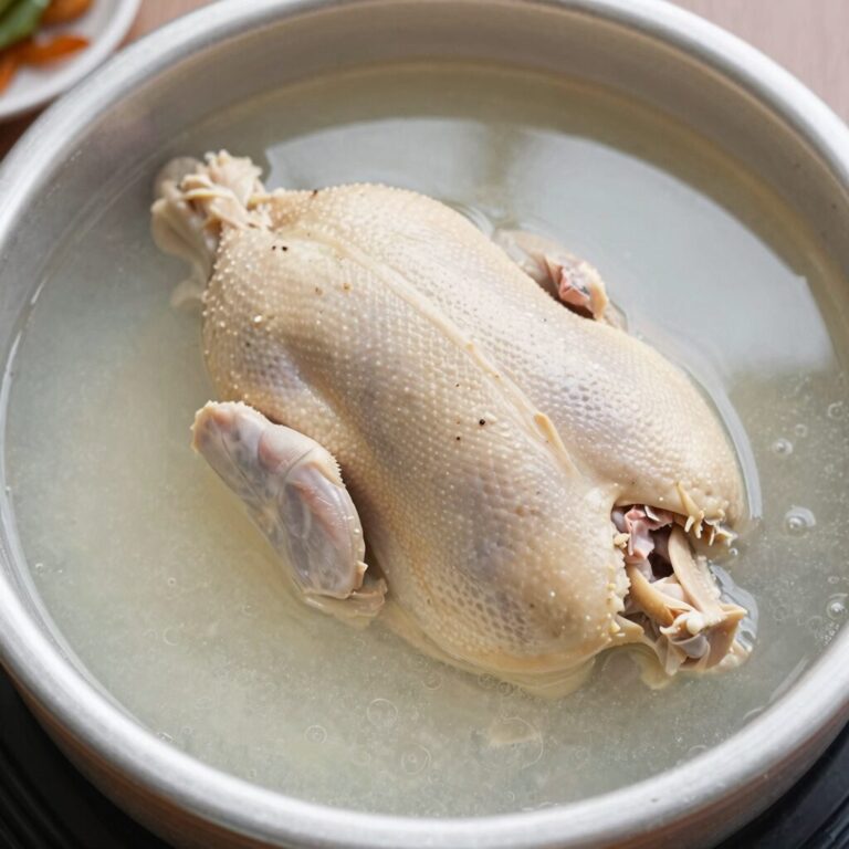 올품 삼계탕 완성 접시에 담긴 모습, 닭고기가 부드럽게 분리되고 맑은 국물이 특징