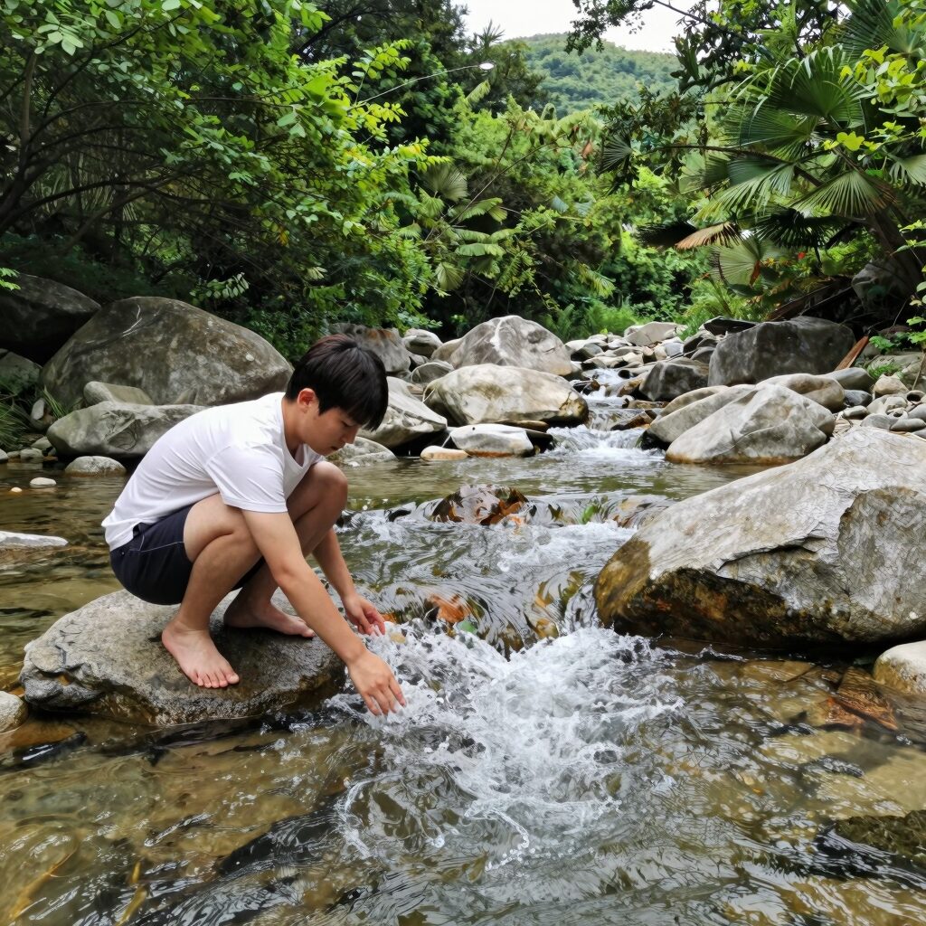 가평 샘물펜션 앞 계곡 물놀이와 평상 뷰