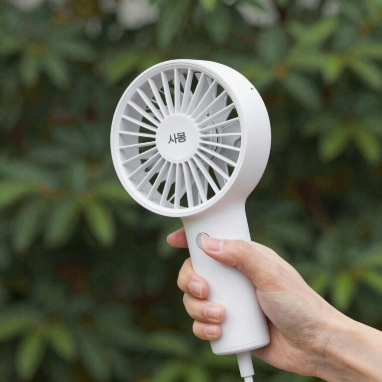 시홈 미니 손선풍기를 손에 쥐고 있는 모습, 187g 가벼운 무게로 휴대가 편리한 냉각 선풍기