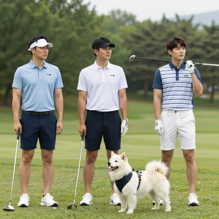 다양한 용도의 민소매 티셔츠 비교 사진 왼쪽부터 골프용 카라넥 민소매 운동용 메시 민소매 데일리 셔링 나시 반려견 맞춤 민소매