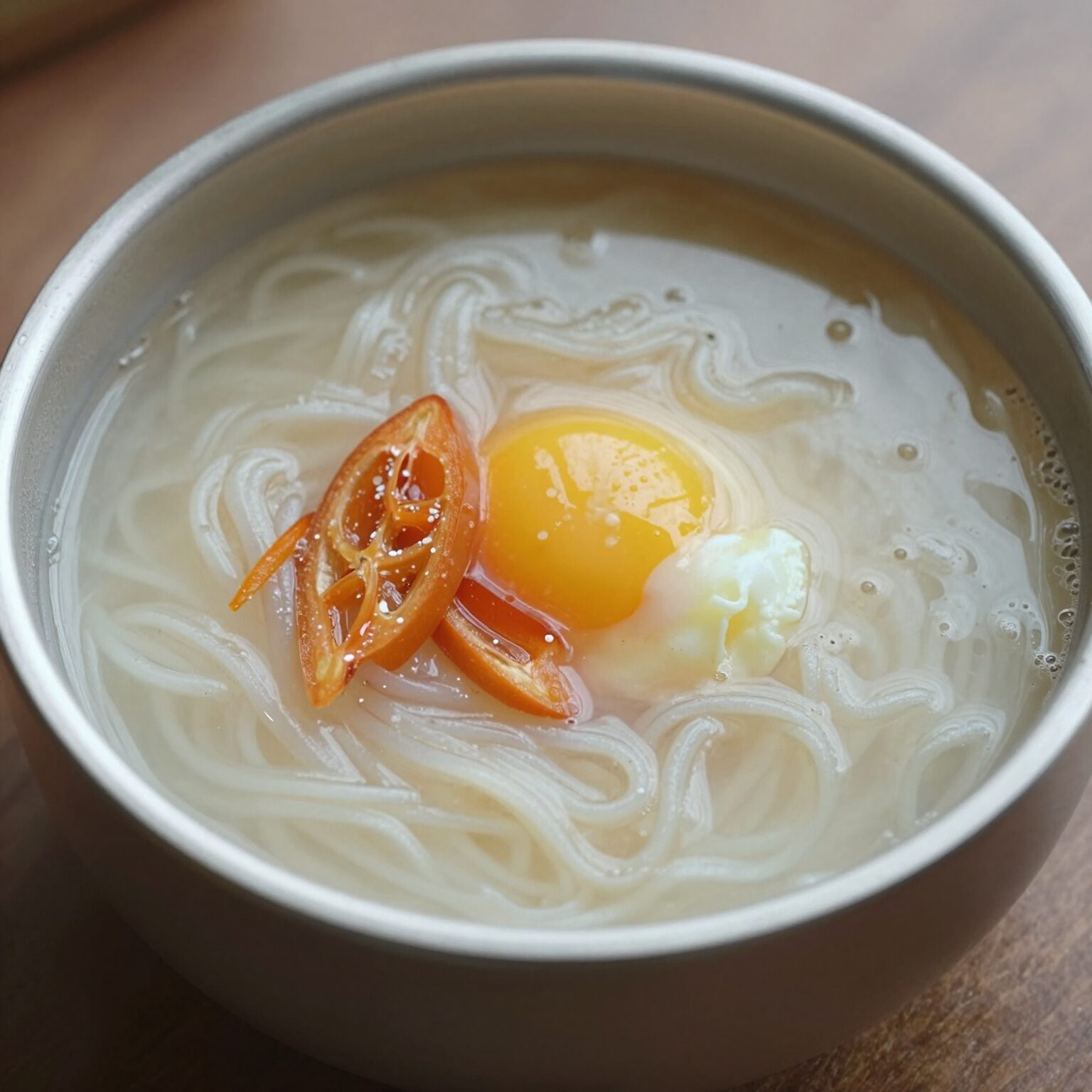 검은콩두유를 부은 콩물국수 그릇에 오이와 삶은 달걀이 담겨 있는 모습