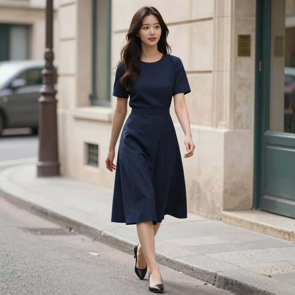 소유 백리스 원피스를 입고 프랑스 거리를 걷는 모습