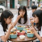 여름방학 아이들이 즐겁게 도시락을 먹는 모습
