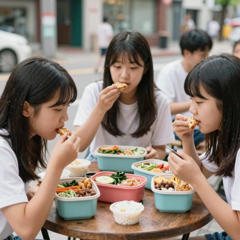 여름방학 아이들이 즐겁게 도시락을 먹는 모습