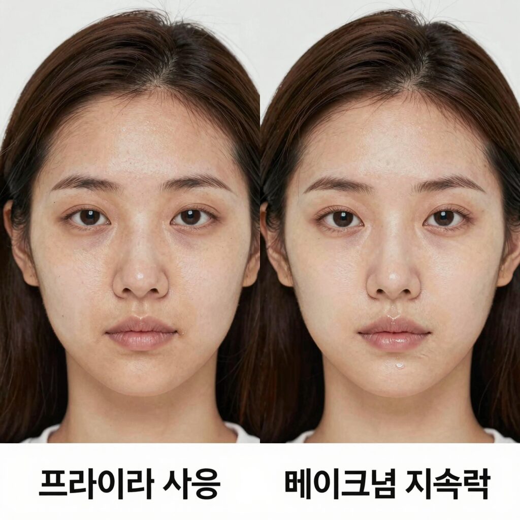 프라이머 사용 전후 메이크업 지속력 비교 사진
