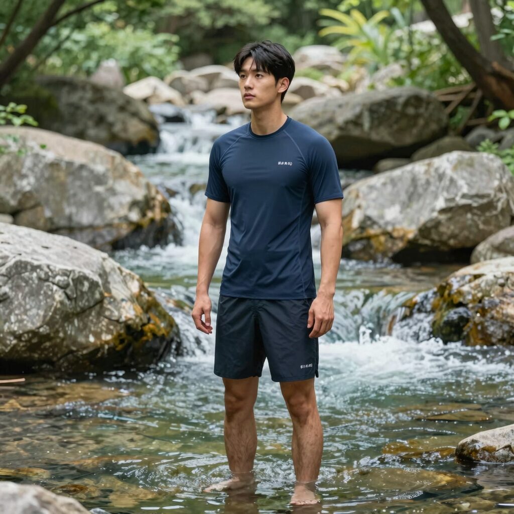 여름 계곡에서 래쉬가드와 보드숏을 착용한 남성