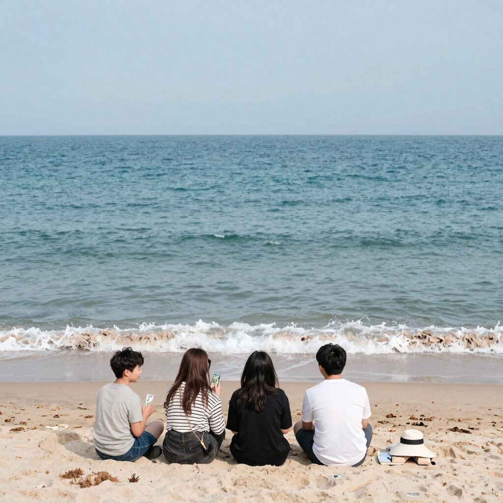 해변에서 돈을 아끼며 여름휴가를 즐기는 사람들의 모습
