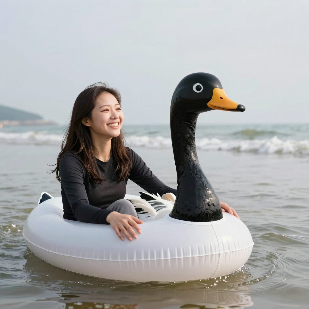 해변에서 2인용 백조 튜브를 타고 웃고 있는 사람들