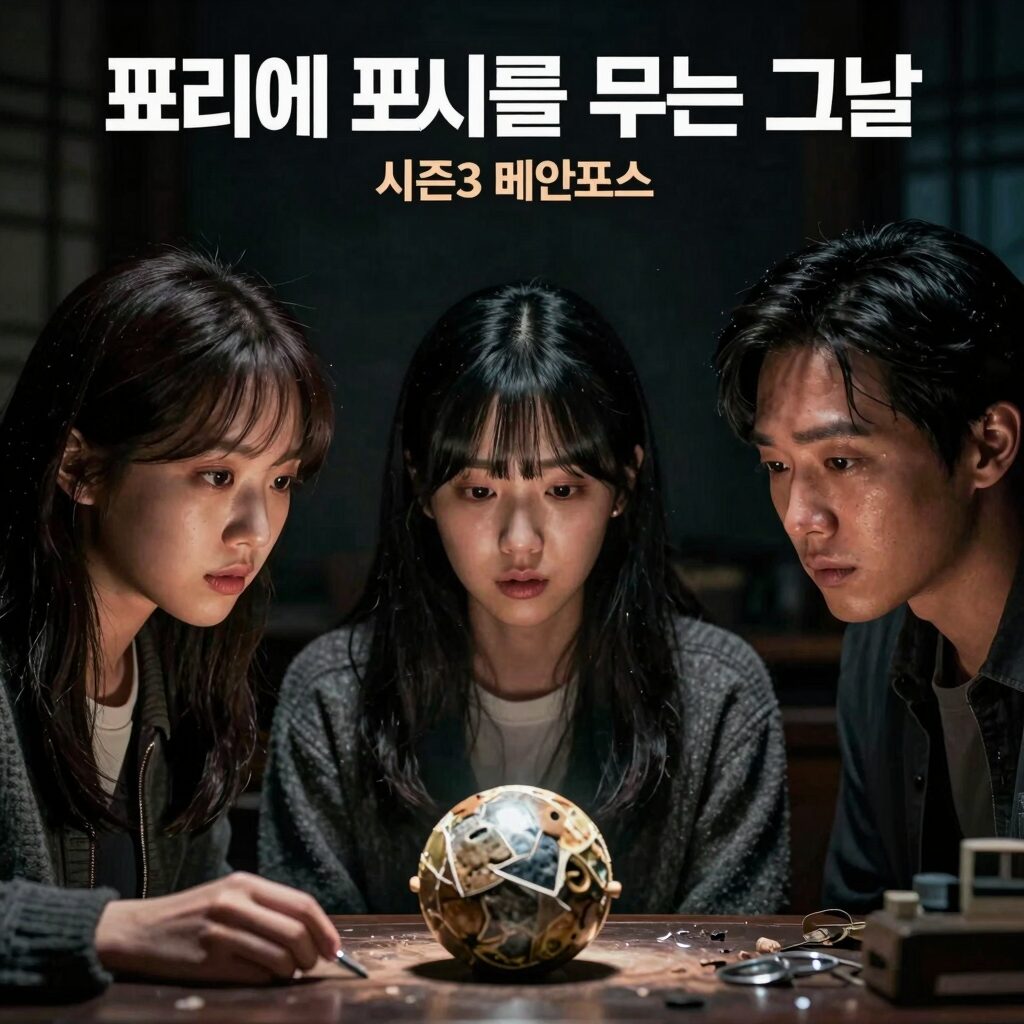 꼬리에 꼬리를 무는 그날 시즌3의 메인 포스터로, 세 진행자가 어두운 배경 속에서 의문의 물체를 바라보고 있다.