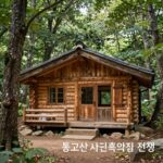 통고산 자연휴양림 숲속의 집 전경, 통나무집과 주변 숲