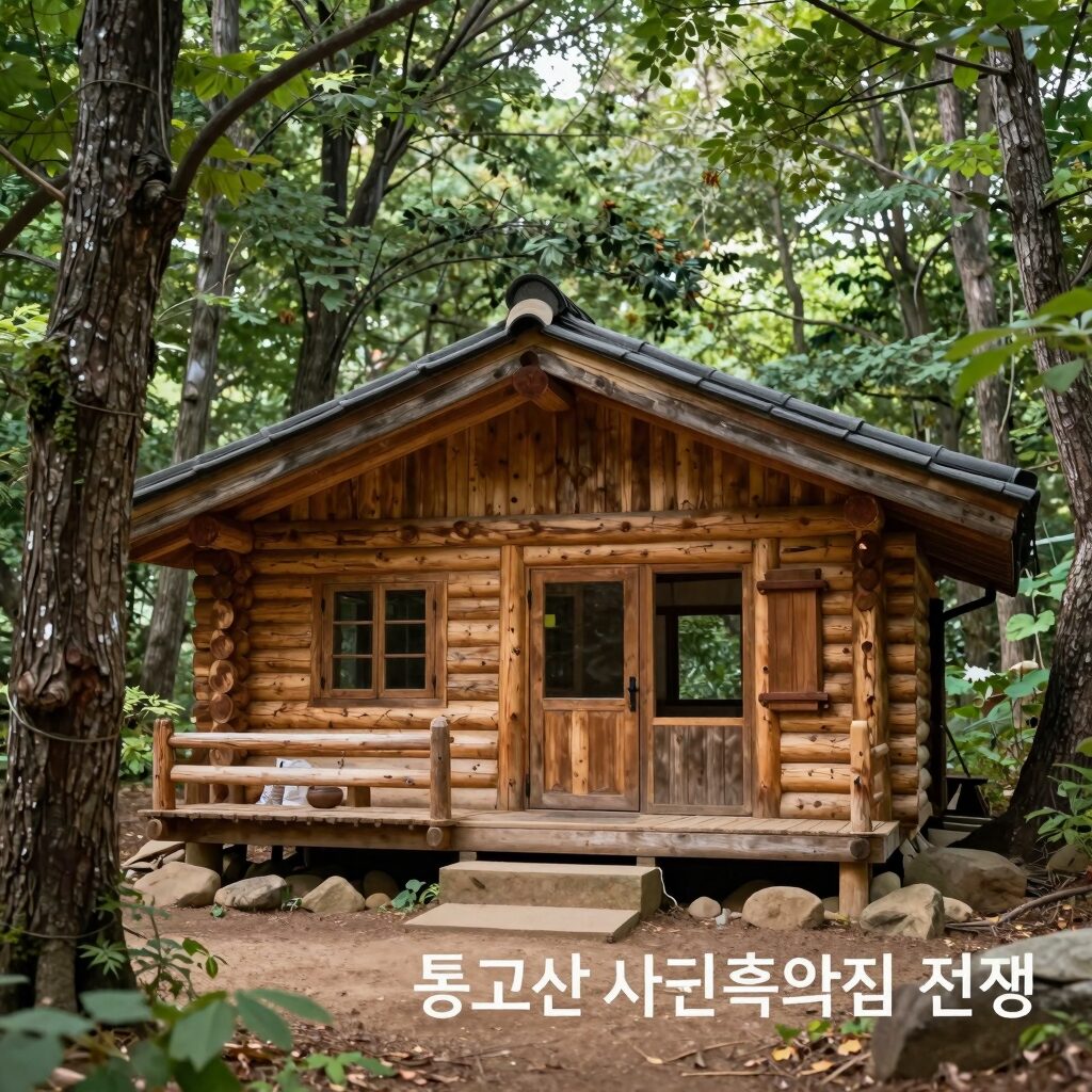 통고산 자연휴양림 숲속의 집 전경, 통나무집과 주변 숲