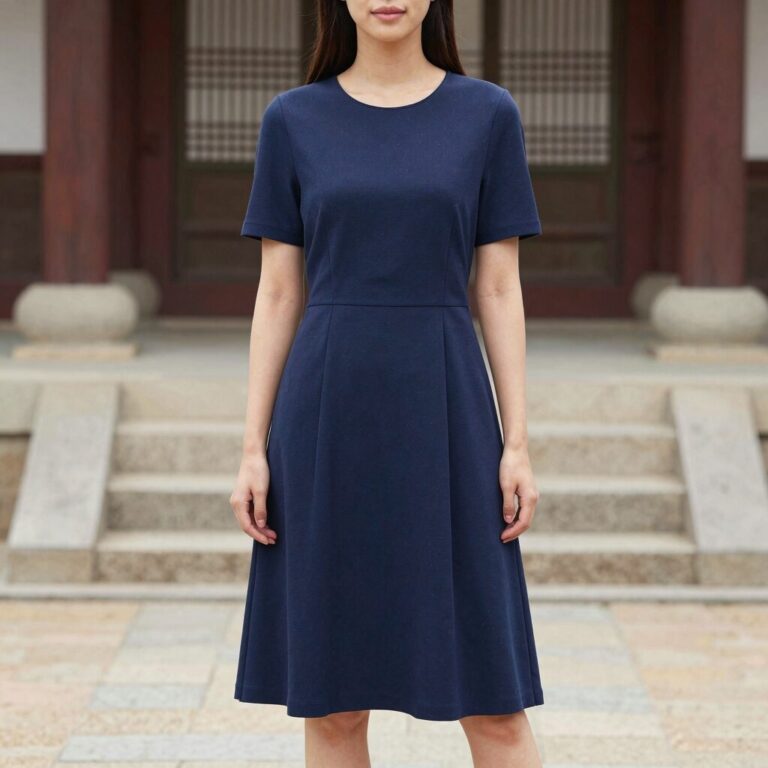 우일 인견 반팔 원피스 마린블루 색상 모델착용샷