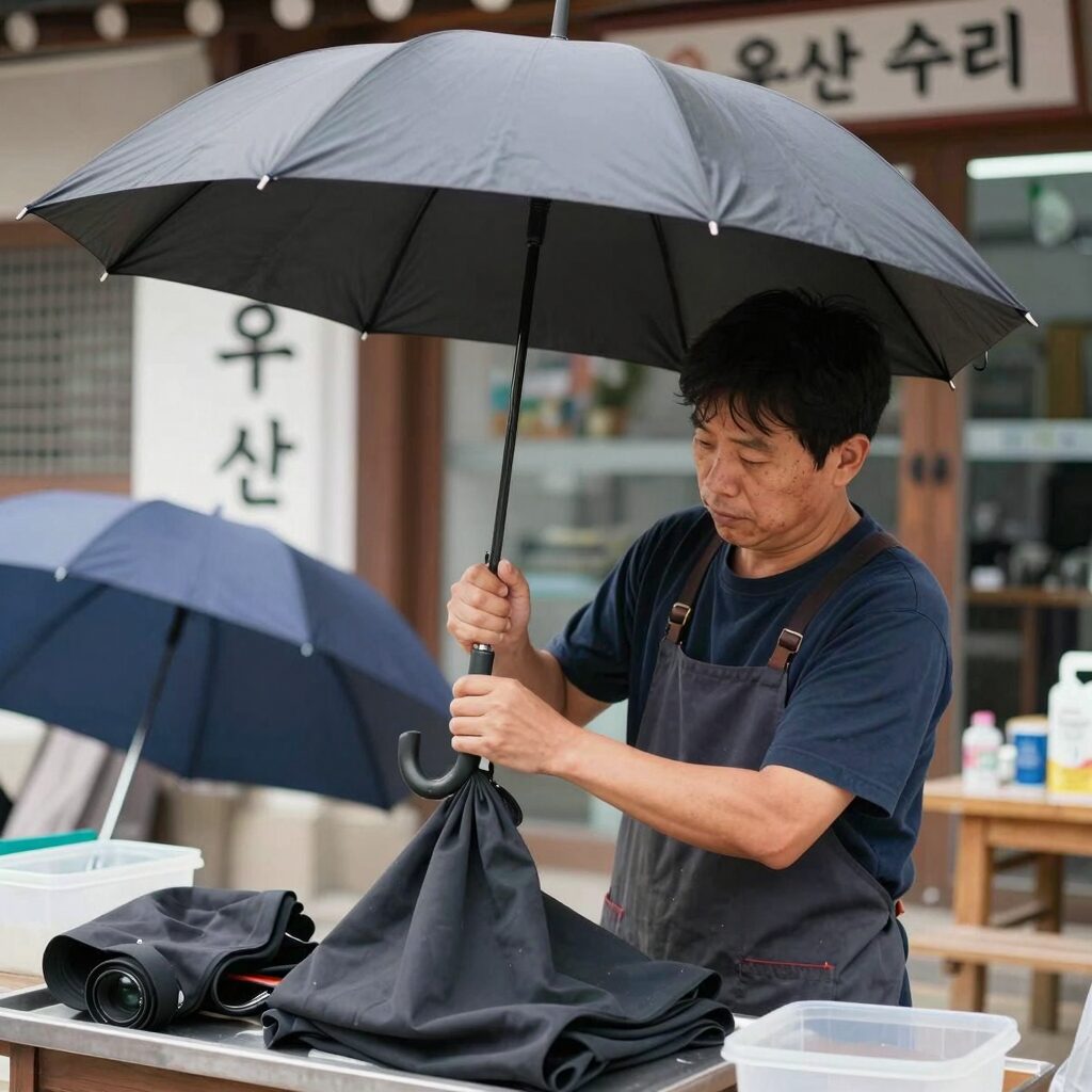 종로 우산 수리점에서 우산살을 교체하는 장인의 모습