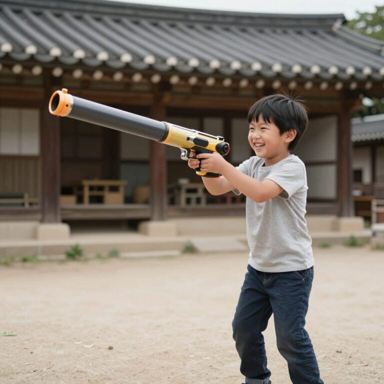 아이가 물총을 들고 마당에서 웃고 있는 모습