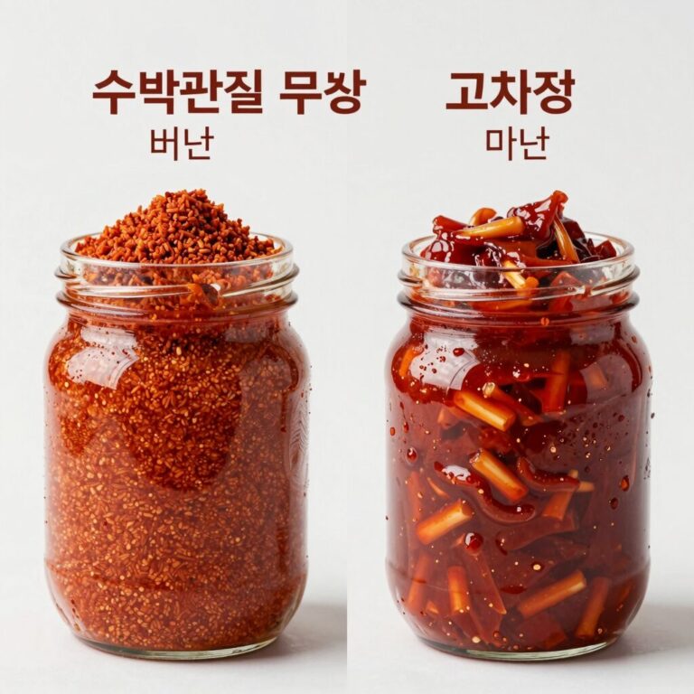 수박껍질 무침 두 가지 양념 비교 사진. 왼쪽은 고춧가루 버전, 오른쪽은 고추장 버전.