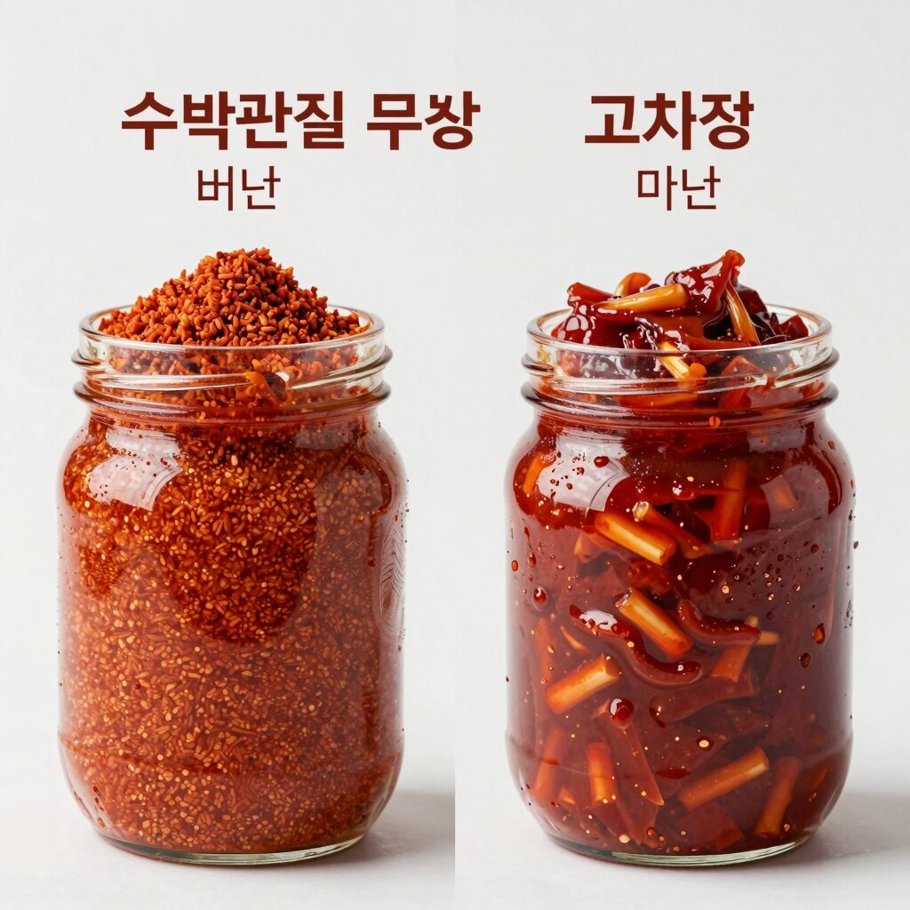 수박껍질 무침 두 가지 양념 비교 사진. 왼쪽은 고춧가루 버전, 오른쪽은 고추장 버전.