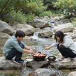 계곡 발담그고 백숙 삼겹살 맛집 계곡에서 발 담그고 능이백숙과 삼겹살을 즐기는 모습