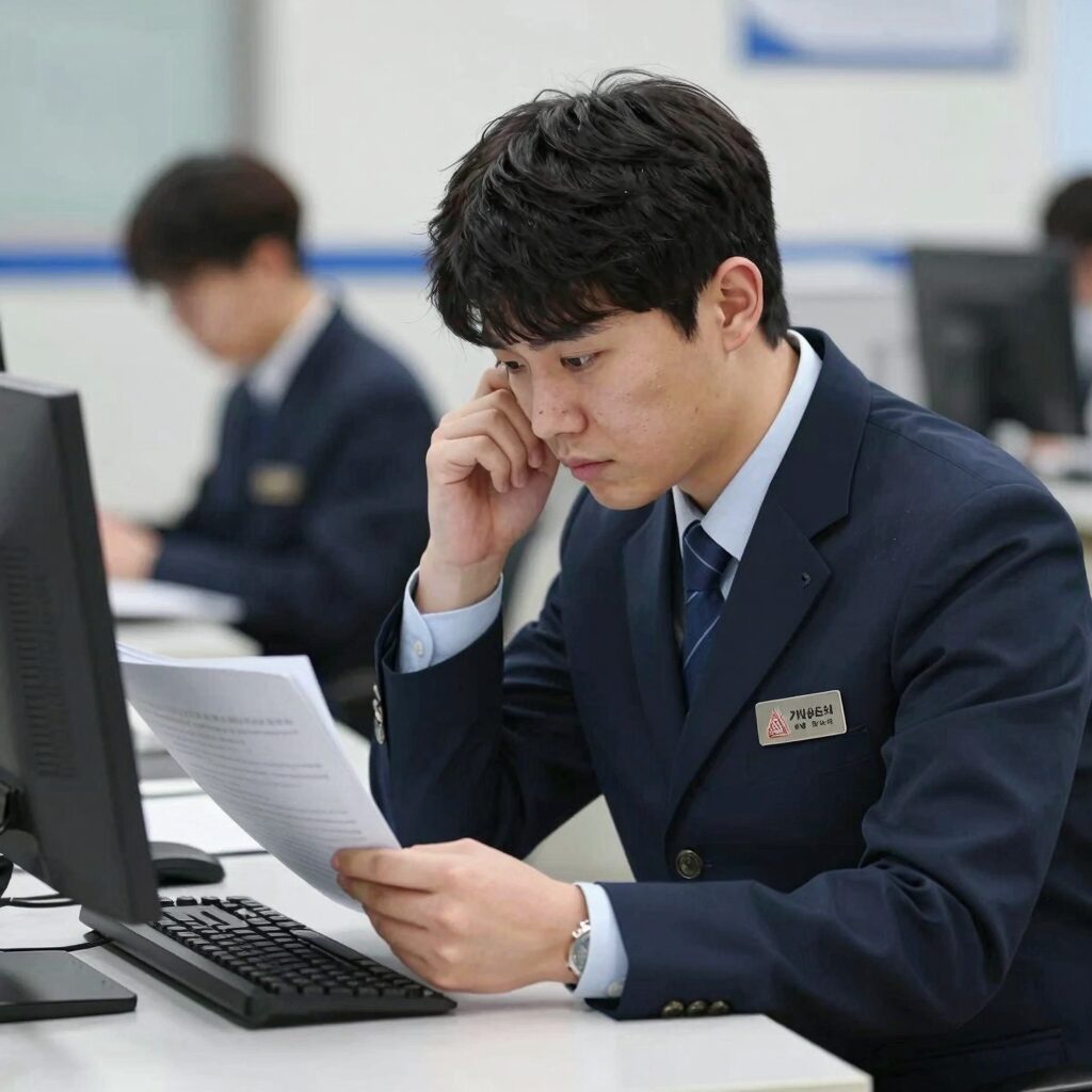 기상청 예보관이 수치예보모델 데이터를 분석하며 고민하는 모습