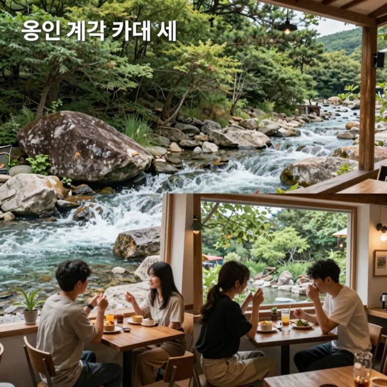 용인 계곡 카페 세 곳의 야외 테라스와 계곡 풍경 비교 사진