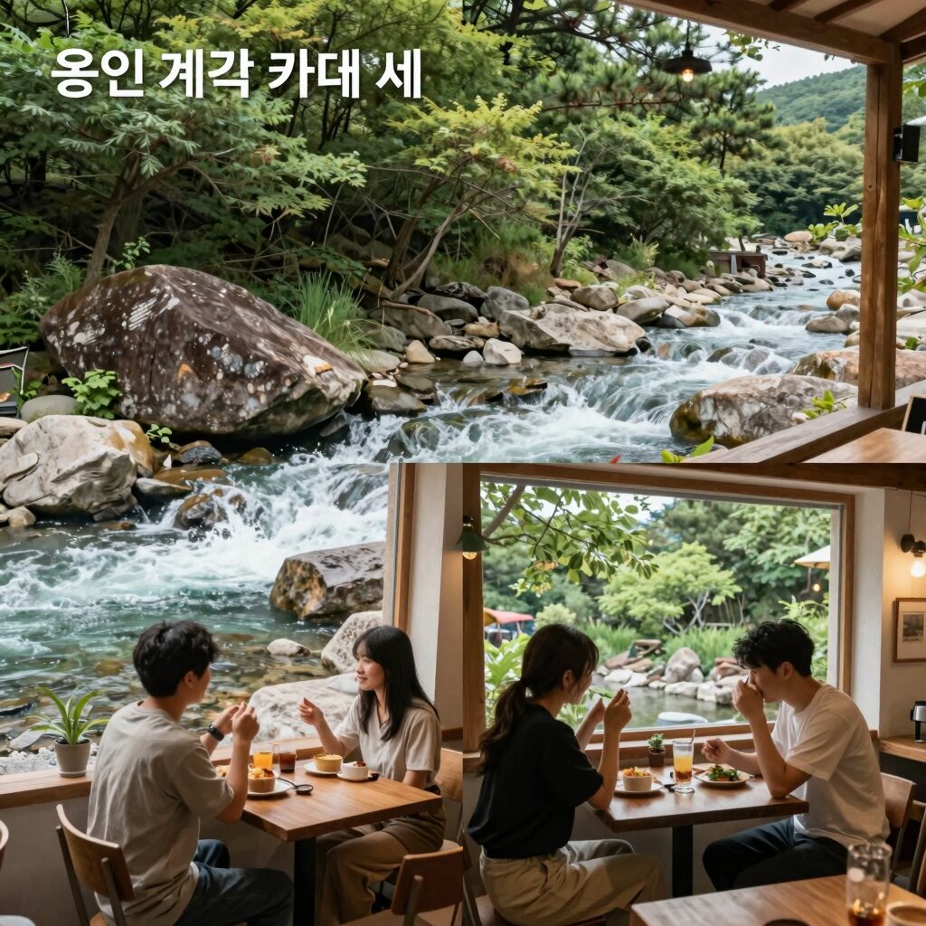용인 계곡 카페 세 곳의 야외 테라스와 계곡 풍경 비교 사진