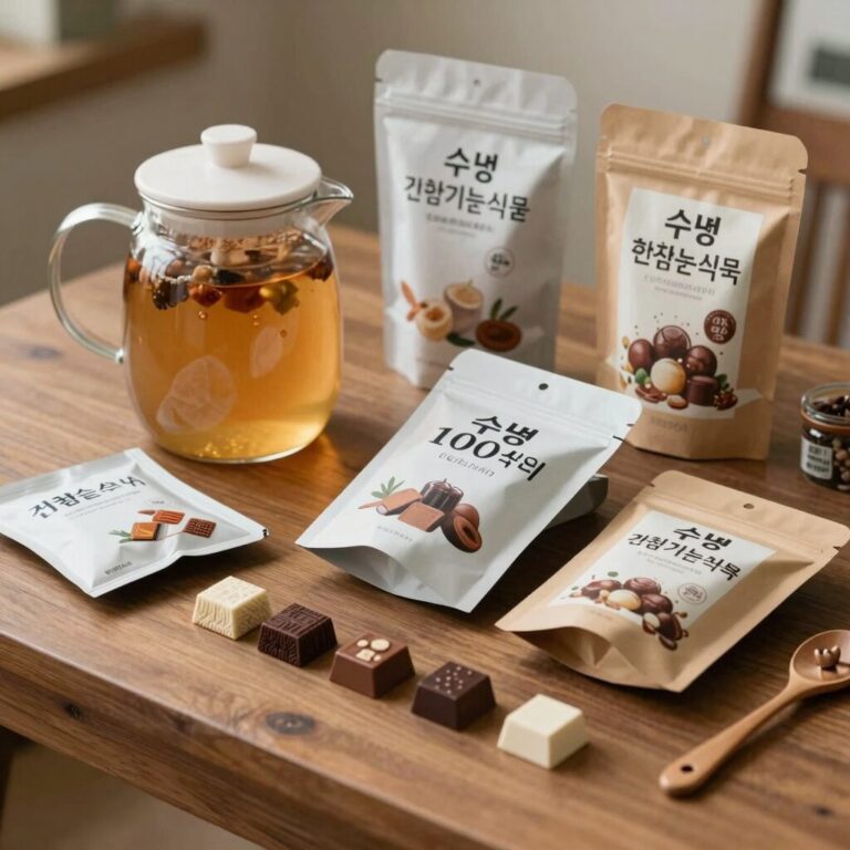 수능 100일 선물로 준비한 건강기능식품과 한방차, 응원 초콜릿을 책상 위에 정리한 모습