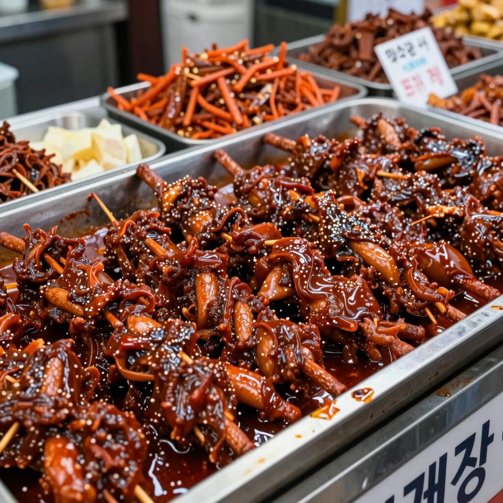 여수 돌게장 포장 전문점에서 간장게장과 양념게장을 판매하는 모습
